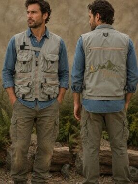Serturan Khaki Utility Vest Multiple Pockets Machu Picchu Embroidered Sz M